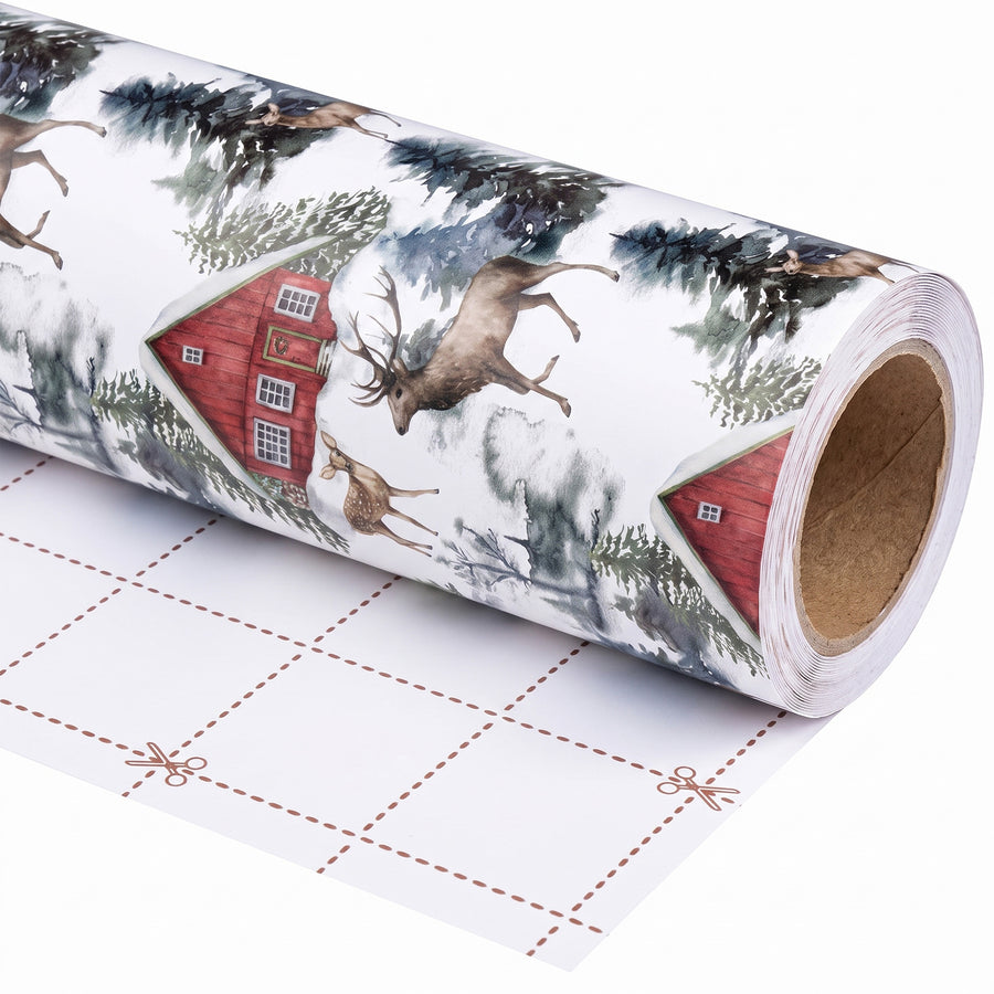 Red Barn Farmhouse wrapping paper roll, unrolled to show the white back with cut lines