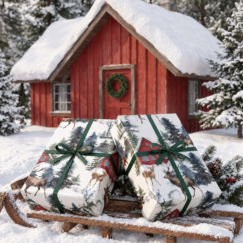 Two gifts wrapped in Red Barn Farmhouse paper with green ribbon, on a sled outside a red cabin