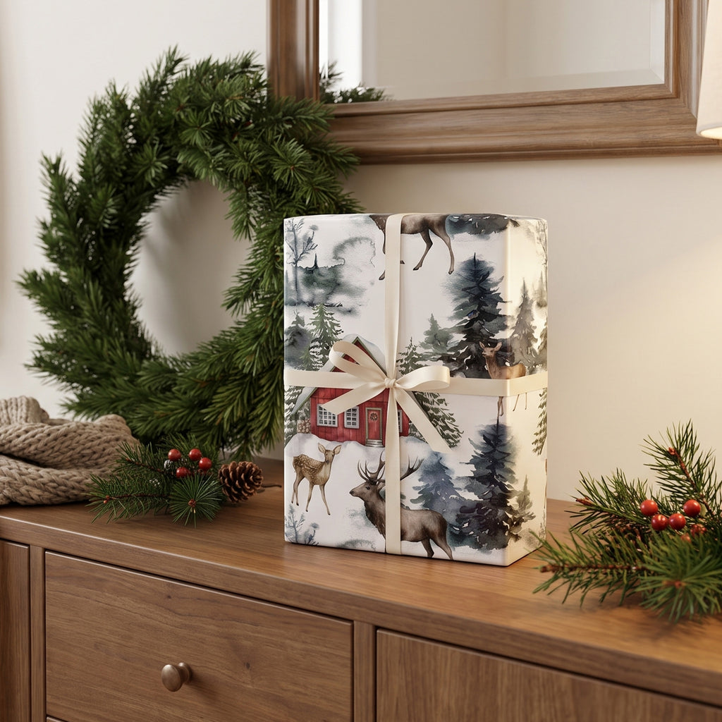 Gift wrapped in Red Barn Farmhouse paper with a cream ribbon, on a dresser beside a wreath
