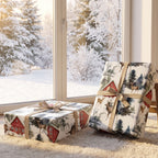 Two gifts wrapped in Red Barn Farmhouse paper with tan ribbon, on a snowy window seat