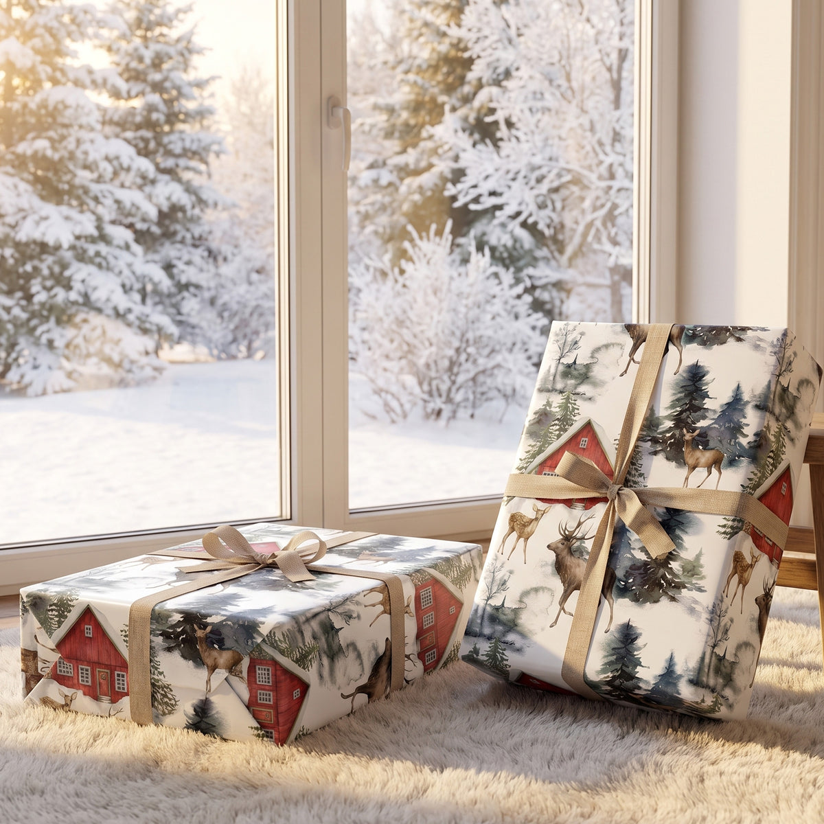 Two gifts wrapped in Red Barn Farmhouse paper with tan ribbon, on a snowy window seat